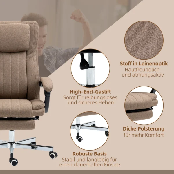 Bureaustoel met 5 massagestanden, ergonomische bureaustoel met verstelbare rugleuning, hoofdsteun, voetensteun, in hoogte verstelbare draaistoel met afstandsbediening, linnenlook, bruin 10