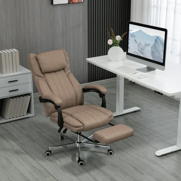 Bureaustoel met 5 massagestanden, ergonomische bureaustoel met verstelbare rugleuning, hoofdsteun, voetensteun, in hoogte verstelbare draaistoel met afstandsbediening, linnenlook, bruin 2