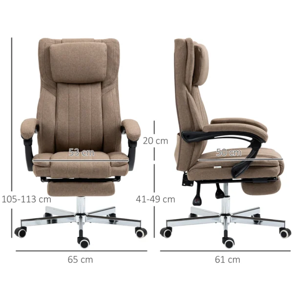 Bureaustoel met 5 massagestanden, ergonomische bureaustoel met verstelbare rugleuning, hoofdsteun, voetensteun, in hoogte verstelbare draaistoel met afstandsbediening, linnenlook, bruin 4