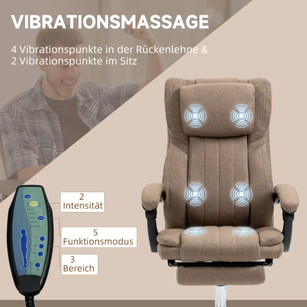 Bureaustoel met 5 massagestanden, ergonomische bureaustoel met verstelbare rugleuning, hoofdsteun, voetensteun, in hoogte verstelbare draaistoel met afstandsbediening, linnenlook, bruin 5