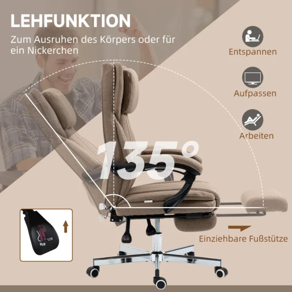 Bureaustoel met 5 massagestanden, ergonomische bureaustoel met verstelbare rugleuning, hoofdsteun, voetensteun, in hoogte verstelbare draaistoel met afstandsbediening, linnenlook, bruin 7