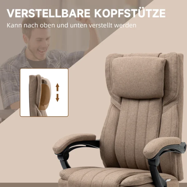 Bureaustoel met 5 massagestanden, ergonomische bureaustoel met verstelbare rugleuning, hoofdsteun, voetensteun, in hoogte verstelbare draaistoel met afstandsbediening, linnenlook, bruin 8
