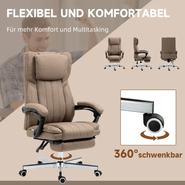 Bureaustoel met 5 massagestanden, ergonomische bureaustoel met verstelbare rugleuning, hoofdsteun, voetensteun, in hoogte verstelbare draaistoel met afstandsbediening, linnenlook, bruin 9