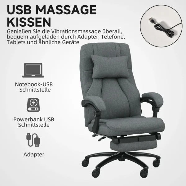 Bureaustoel met massagefunctie, ergonomische bureaustoel met ligfunctie, hoofdsteun met usb interface in hoogte verstelbaar draaibare directiestoel met linnenlook, donkergrijs 7