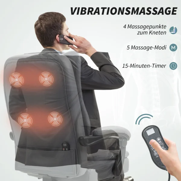 Bureaustoel met massagefunctie, ergonomische bureaustoel met ligfunctie, in hoogte verstelbare draaistoel met voetensteun, grijs 5