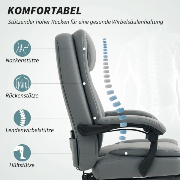 Bureaustoel met massagefunctie, ergonomische bureaustoel met ligfunctie, in hoogte verstelbare draaistoel met voetensteun, grijs 6