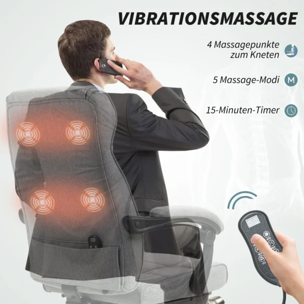 Bureaustoel met massagefunctie ergonomische directiestoel met ligfunctie voetensteun hoogteverstelbaar 360° draaibaar bureau stoel computerstoel met linnenlook, grijs 5