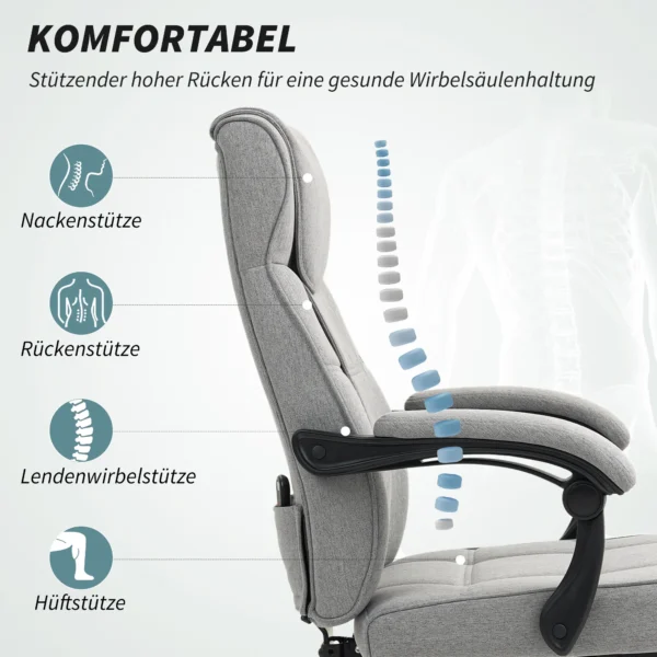 Bureaustoel met massagefunctie ergonomische directiestoel met ligfunctie voetensteun hoogteverstelbaar 360° draaibaar bureau stoel computerstoel met linnenlook, grijs 6