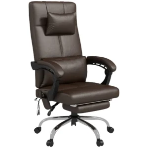 Bureaustoel met massagefunctie, ergonomische directiestoel met verwarming, ligfunctie, lendensteun en hoofdkussen, in hoogte verstelbare draaistoel met schommelfunctie, voetsteun, koffie 1