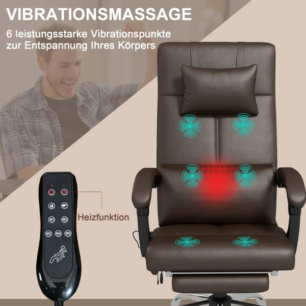 Bureaustoel met massagefunctie, ergonomische directiestoel met verwarming, ligfunctie, lendensteun en hoofdkussen, in hoogte verstelbare draaistoel met schommelfunctie, voetsteun, koffie 5
