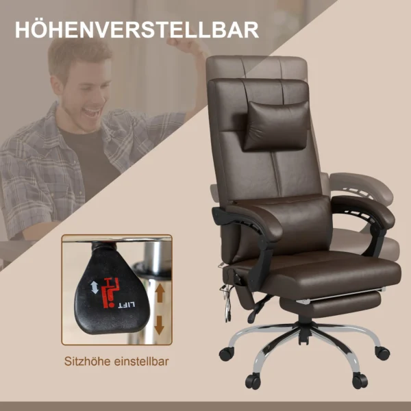 Bureaustoel met massagefunctie, ergonomische directiestoel met verwarming, ligfunctie, lendensteun en hoofdkussen, in hoogte verstelbare draaistoel met schommelfunctie, voetsteun, koffie 6