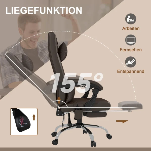 Bureaustoel met massagefunctie, ergonomische directiestoel met verwarming, ligfunctie, lendensteun en hoofdkussen, in hoogte verstelbare draaistoel met schommelfunctie, voetsteun, koffie 7