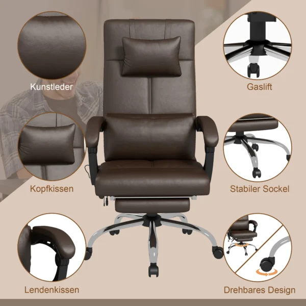 Bureaustoel met massagefunctie, ergonomische directiestoel met verwarming, ligfunctie, lendensteun en hoofdkussen, in hoogte verstelbare draaistoel met schommelfunctie, voetsteun, koffie 8