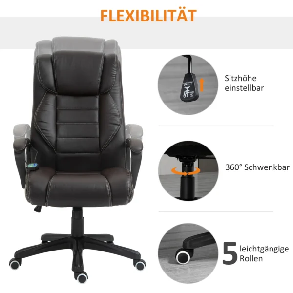 Bureaustoel met massagefunctie, ergonomische directiestoel met vibratiemassage, schommelfunctie, in hoogte verstelbare bureaustoel draaistoel, bruin 6