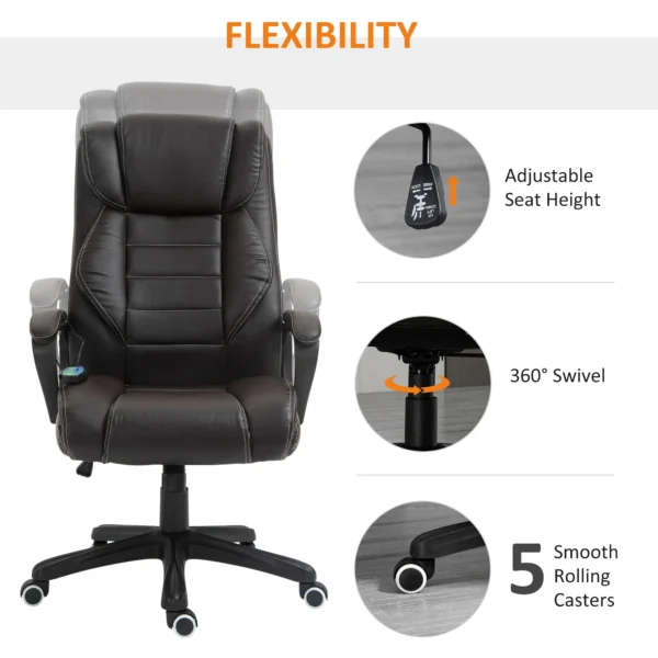 Bureaustoel met massagefunctie, ergonomische directiestoel met vibratiemassage, schommelfunctie, in hoogte verstelbare bureaustoel draaistoel, bruin 9
