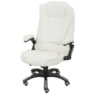 Bureaustoel met vibratiemassage, ergonomische bureaustoel met verwarming , ligfunctie, in hoogte verstelbare directiestoel met afstandsbediening, zijtas, linnenlook, crèmewit 1