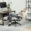 Bureaustoel met vibratiemassage, ergonomische bureaustoel met verwarming , ligfunctie, in hoogte verstelbare directiestoel met afstandsbediening, zijtas, linnenlook, crèmewit 2