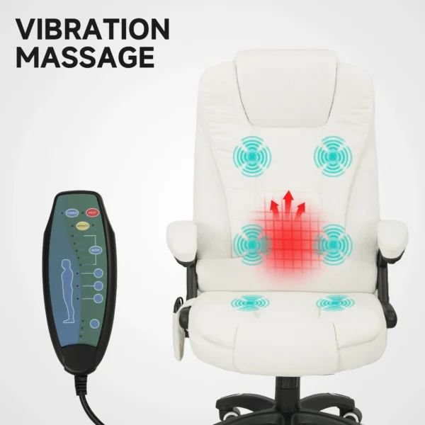 Bureaustoel met vibratiemassage, ergonomische bureaustoel met verwarming , ligfunctie, in hoogte verstelbare directiestoel met afstandsbediening, zijtas, linnenlook, crèmewit 5