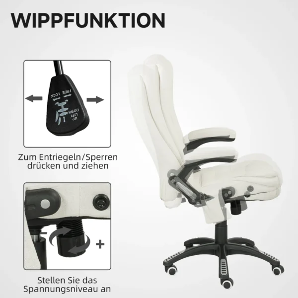 Bureaustoel met vibratiemassage, ergonomische bureaustoel met verwarming , ligfunctie, in hoogte verstelbare directiestoel met afstandsbediening, zijtas, linnenlook, crèmewit 7