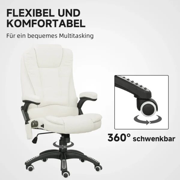 Bureaustoel met vibratiemassage, ergonomische bureaustoel met verwarming , ligfunctie, in hoogte verstelbare directiestoel met afstandsbediening, zijtas, linnenlook, crèmewit 9