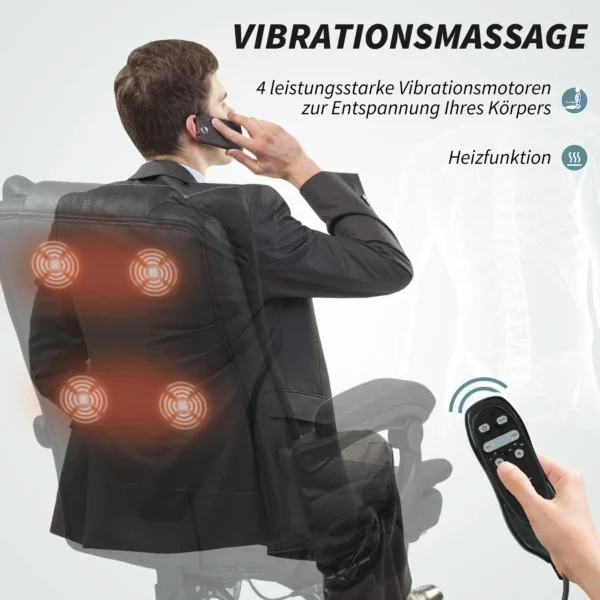Bureaustoel met vibratiemassage ergonomische directeursstoel met rugverwarmer, ligfunctie, voetensteun, verstelbare hoogte bureaustoel, draaistoel met zijvak, zwart 5