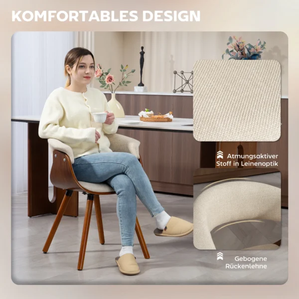 Eetkamerstoel keukenstoel met rugleuning, linnenlook, fauteuil gestoffeerde stoel met houten poten voor eettafel, beige 5