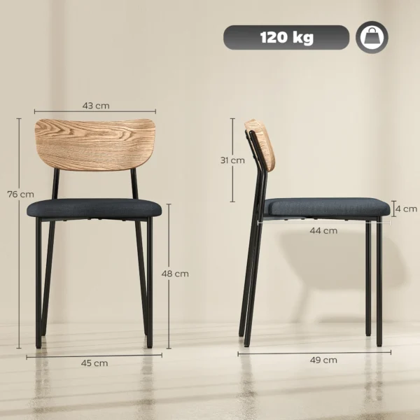 Eetkamerstoelen 2 delige set keukenstoel met rugleuning, linnenlook, stoelen zonder armleuningen, gestoffeerde stoel met stalen poten, woonkamerstoel voor eettafel, grijs 4