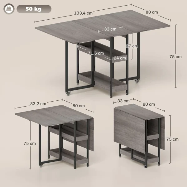 Eettafel opvouwbaar keukentafel voor 2 4 personen met 2 open planken, mobiele eetkamertafel klaptafel voor kleine ruimtes, eetkamer, keuken 133,4 x 80 x 75 cm grijs 4