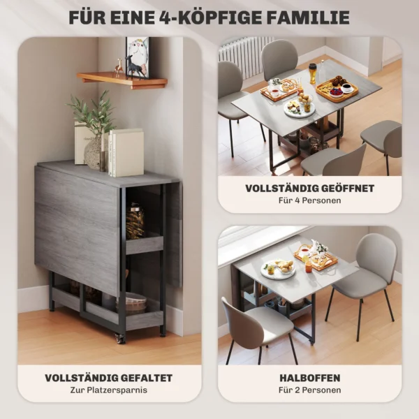 Eettafel opvouwbaar keukentafel voor 2 4 personen met 2 open planken, mobiele eetkamertafel klaptafel voor kleine ruimtes, eetkamer, keuken 133,4 x 80 x 75 cm grijs 5