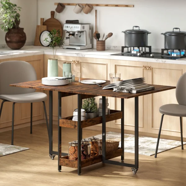 Eettafel opvouwbaar keukentafel voor 2 4 personen met 2 open planken, mobiele eetkamertafel klaptafel voor kleine ruimtes, eetkamer, keuken 133,4 x 80 x 75 cm rustiek bruin 2