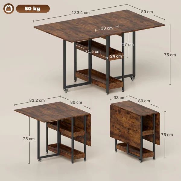 Eettafel opvouwbaar keukentafel voor 2 4 personen met 2 open planken, mobiele eetkamertafel klaptafel voor kleine ruimtes, eetkamer, keuken 133,4 x 80 x 75 cm rustiek bruin 4