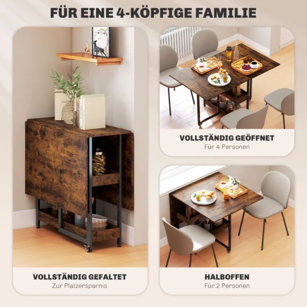 Eettafel opvouwbaar keukentafel voor 2 4 personen met 2 open planken, mobiele eetkamertafel klaptafel voor kleine ruimtes, eetkamer, keuken 133,4 x 80 x 75 cm rustiek bruin 5