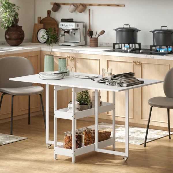 Eettafel opvouwbaar keukentafel voor 2 4 personen met 2 open planken, mobiele eetkamertafel klaptafel voor kleine ruimtes, eetkamer, keuken 133,4 x 80 x 75 cm wit 2