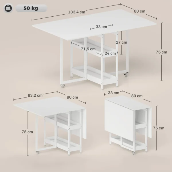 Eettafel opvouwbaar keukentafel voor 2 4 personen met 2 open planken, mobiele eetkamertafel klaptafel voor kleine ruimtes, eetkamer, keuken 133,4 x 80 x 75 cm wit 4