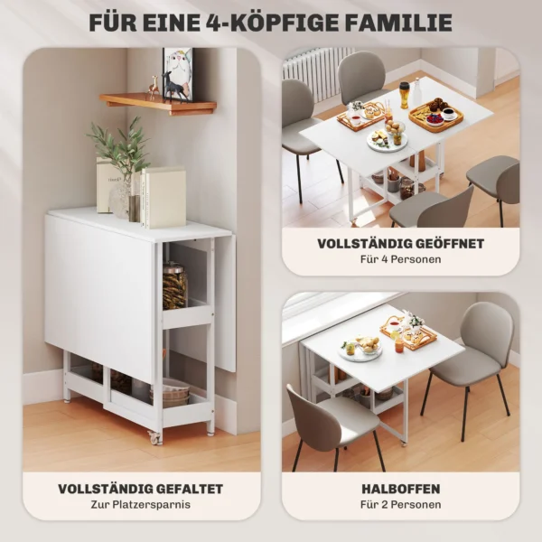 Eettafel opvouwbaar keukentafel voor 2 4 personen met 2 open planken, mobiele eetkamertafel klaptafel voor kleine ruimtes, eetkamer, keuken 133,4 x 80 x 75 cm wit 5