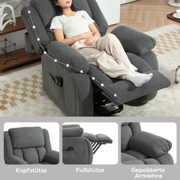 Elektrische sta op stoel met relax en ligfunctie, massagefunctie, usb aansluiting, tv stoel met verwarmingsfunctie, afstandsbediening en zijvak, grijs 9