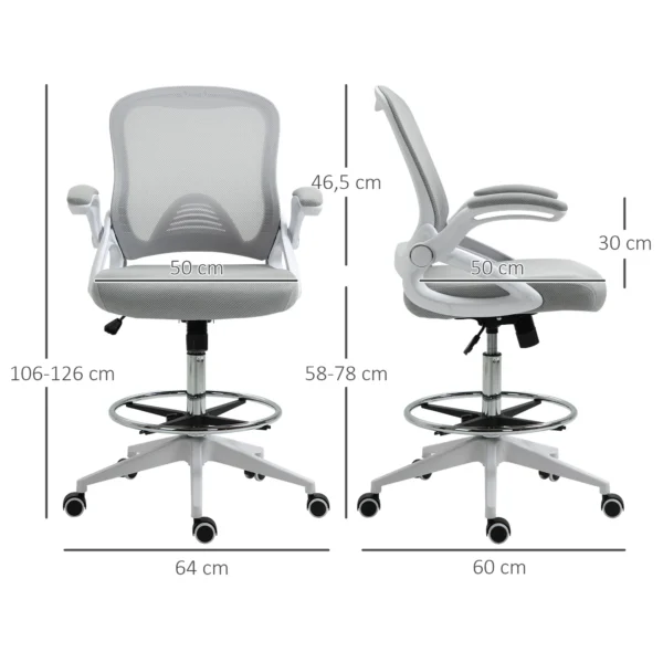 Ergonomische bureaustoel met opklapbare armleuningen en verstelbare voetenring, in hoogte verstelbare draaistoel met kantelfunctie, netbekleding lichtgrijs 4