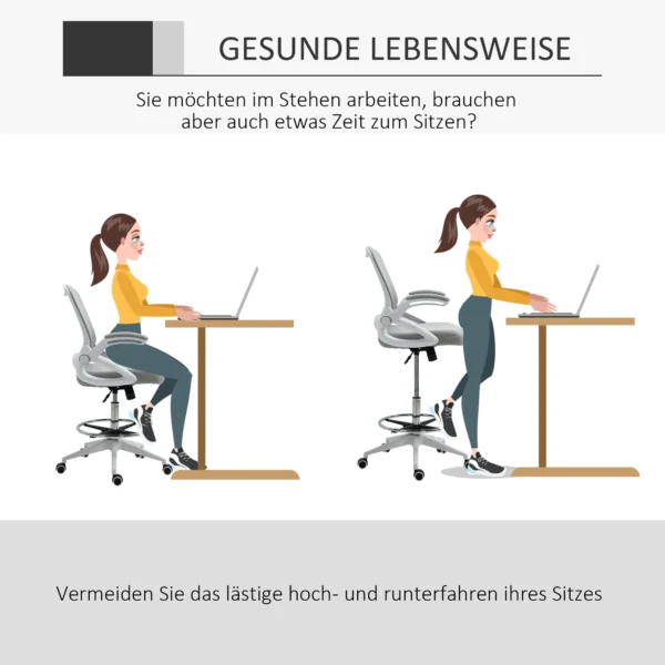 Ergonomische bureaustoel met opklapbare armleuningen en verstelbare voetenring, in hoogte verstelbare draaistoel met kantelfunctie, netbekleding lichtgrijs 6