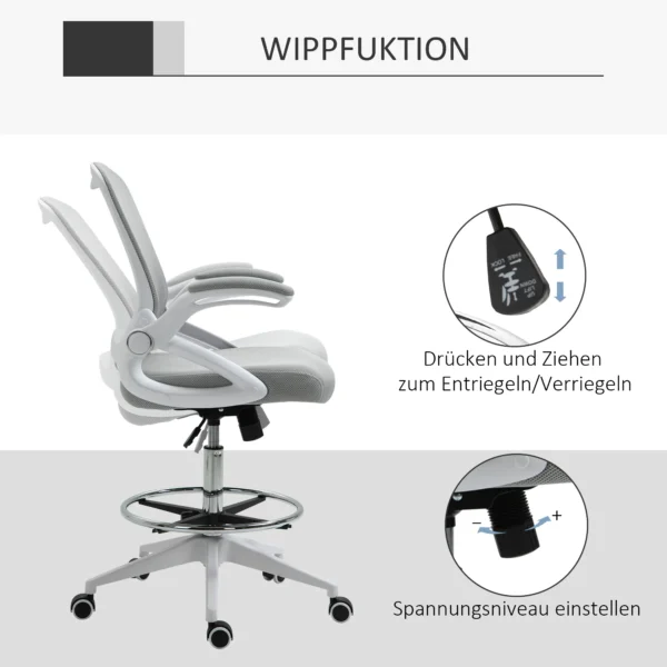 Ergonomische bureaustoel met opklapbare armleuningen en verstelbare voetenring, in hoogte verstelbare draaistoel met kantelfunctie, netbekleding lichtgrijs 7