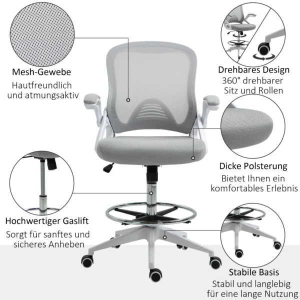 Ergonomische bureaustoel met opklapbare armleuningen en verstelbare voetenring, in hoogte verstelbare draaistoel met kantelfunctie, netbekleding lichtgrijs 8