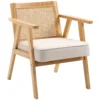 Fauteuil woonkamer relaxstoel met armleuningen, zitkussen, loungestoel met rieten rugleuning, leesstoel met linnen look, houten frame, gestoffeerde stoel voor slaapkamer crème 1