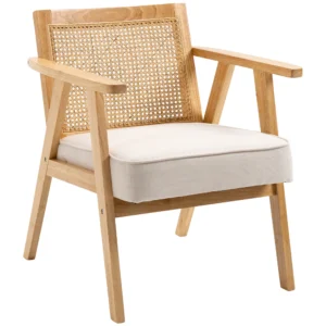 Fauteuil woonkamer relaxstoel met armleuningen, zitkussen, loungestoel met rieten rugleuning, leesstoel met linnen look, houten frame, gestoffeerde stoel voor slaapkamer crème 1