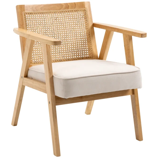 Fauteuil woonkamer relaxstoel met armleuningen, zitkussen, loungestoel met rieten rugleuning, leesstoel met linnen look, houten frame, gestoffeerde stoel voor slaapkamer crème 1