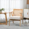 Fauteuil woonkamer relaxstoel met armleuningen, zitkussen, loungestoel met rieten rugleuning, leesstoel met linnen look, houten frame, gestoffeerde stoel voor slaapkamer crème 2