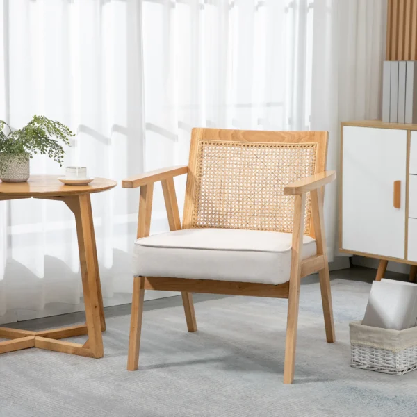 Fauteuil woonkamer relaxstoel met armleuningen, zitkussen, loungestoel met rieten rugleuning, leesstoel met linnen look, houten frame, gestoffeerde stoel voor slaapkamer crème 2