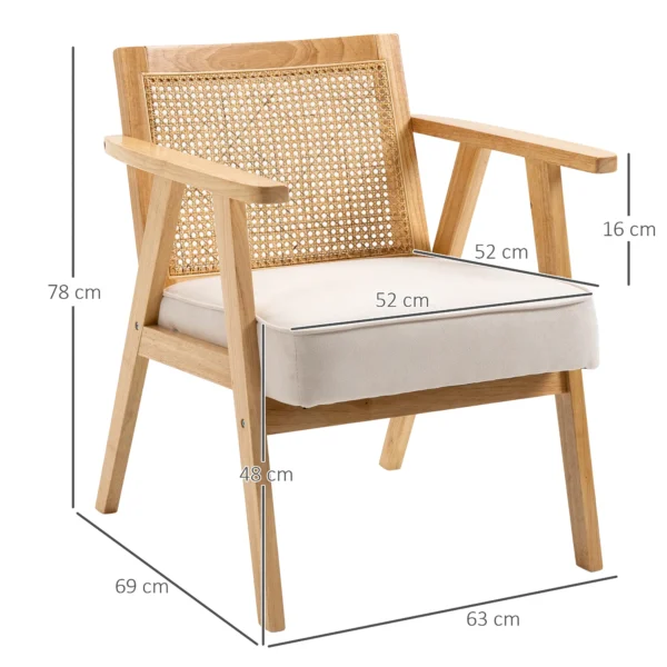 Fauteuil woonkamer relaxstoel met armleuningen, zitkussen, loungestoel met rieten rugleuning, leesstoel met linnen look, houten frame, gestoffeerde stoel voor slaapkamer crème 4