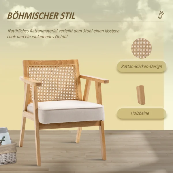 Fauteuil woonkamer relaxstoel met armleuningen, zitkussen, loungestoel met rieten rugleuning, leesstoel met linnen look, houten frame, gestoffeerde stoel voor slaapkamer crème 5