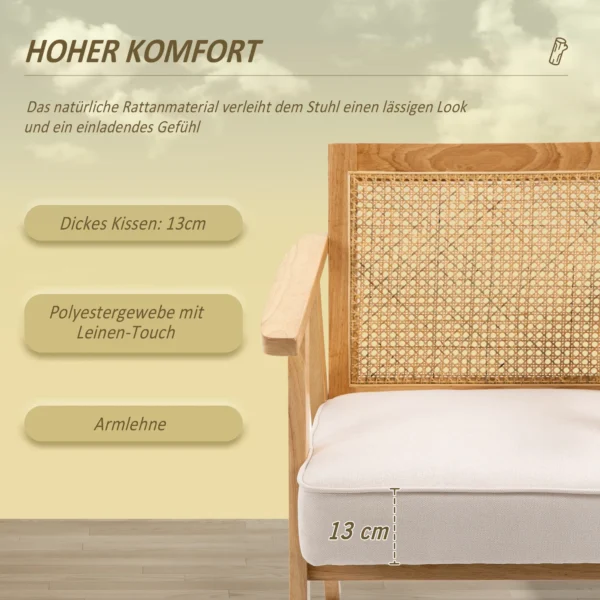 Fauteuil woonkamer relaxstoel met armleuningen, zitkussen, loungestoel met rieten rugleuning, leesstoel met linnen look, houten frame, gestoffeerde stoel voor slaapkamer crème 6