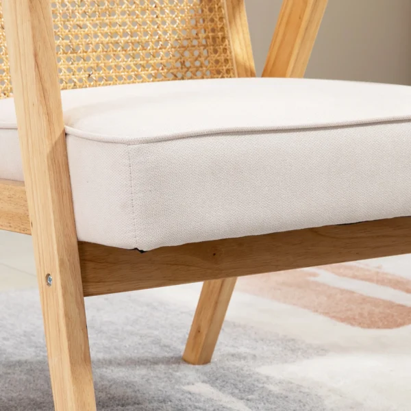 Fauteuil woonkamer relaxstoel met armleuningen, zitkussen, loungestoel met rieten rugleuning, leesstoel met linnen look, houten frame, gestoffeerde stoel voor slaapkamer crème 7