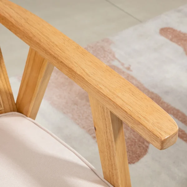 Fauteuil woonkamer relaxstoel met armleuningen, zitkussen, loungestoel met rieten rugleuning, leesstoel met linnen look, houten frame, gestoffeerde stoel voor slaapkamer crème 8